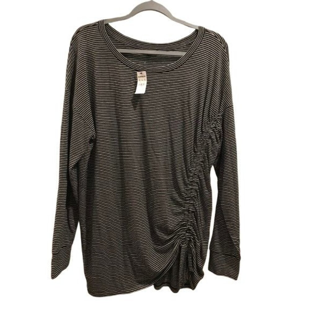 Women's Large T-Shirt Long Sleeve Express Shirred Side Black & White NWT